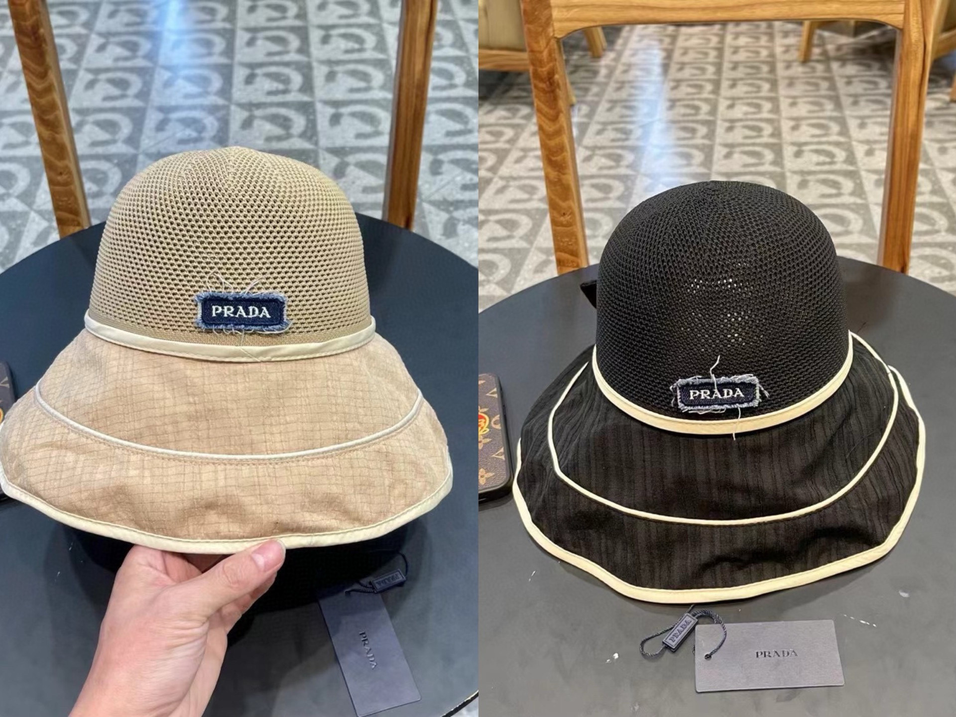 PRADA普拉达 渔夫帽新款夏季女大帽檐防晒帽韩版蝴蝶结透气遮阳帽太阳百搭帽子