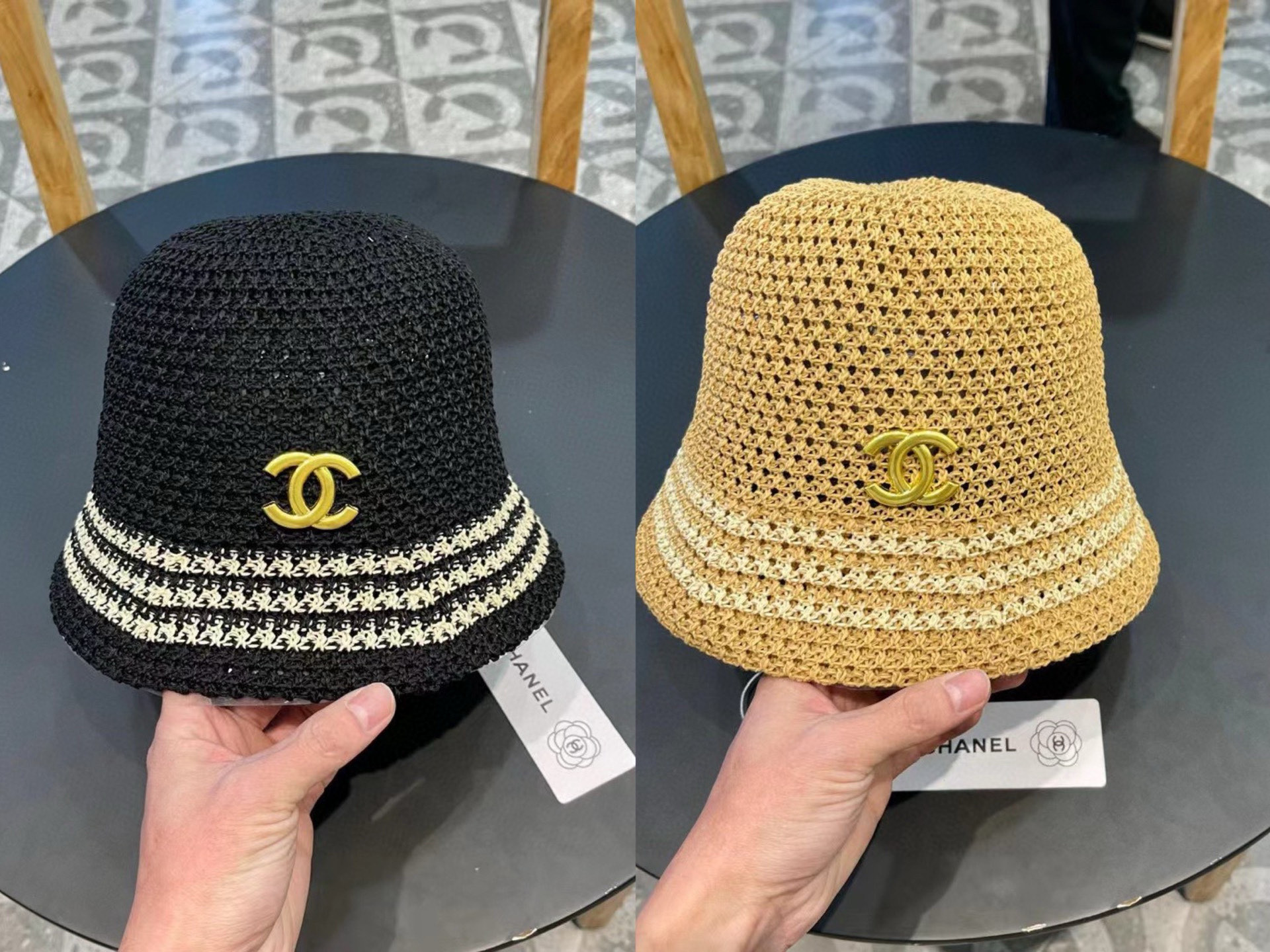 香奈儿Chanel镂空透气条纹渔夫帽子女夏天百搭可折叠显脸小盆帽遮阳防晒太阳帽