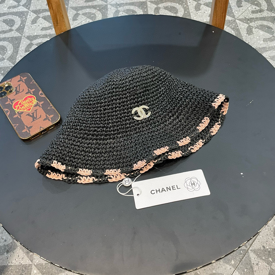 Chanel小清新编织草帽女夏季毛边百搭遮阳帽可折叠海边沙滩帽防晒渔夫帽