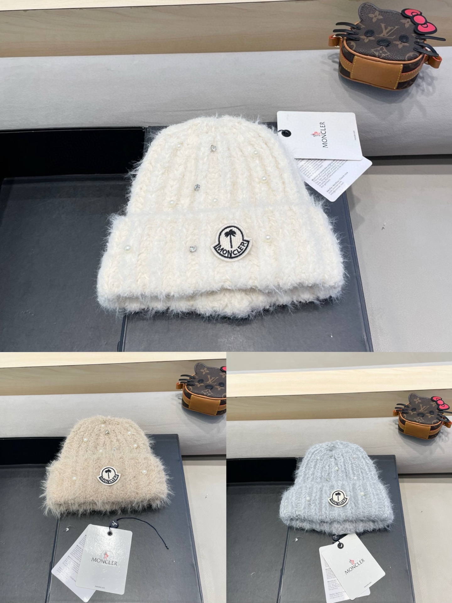 moncler冬季甜美百搭针织帽大头围毛线帽保暖针织帽珍珠装饰护耳帽套头帽