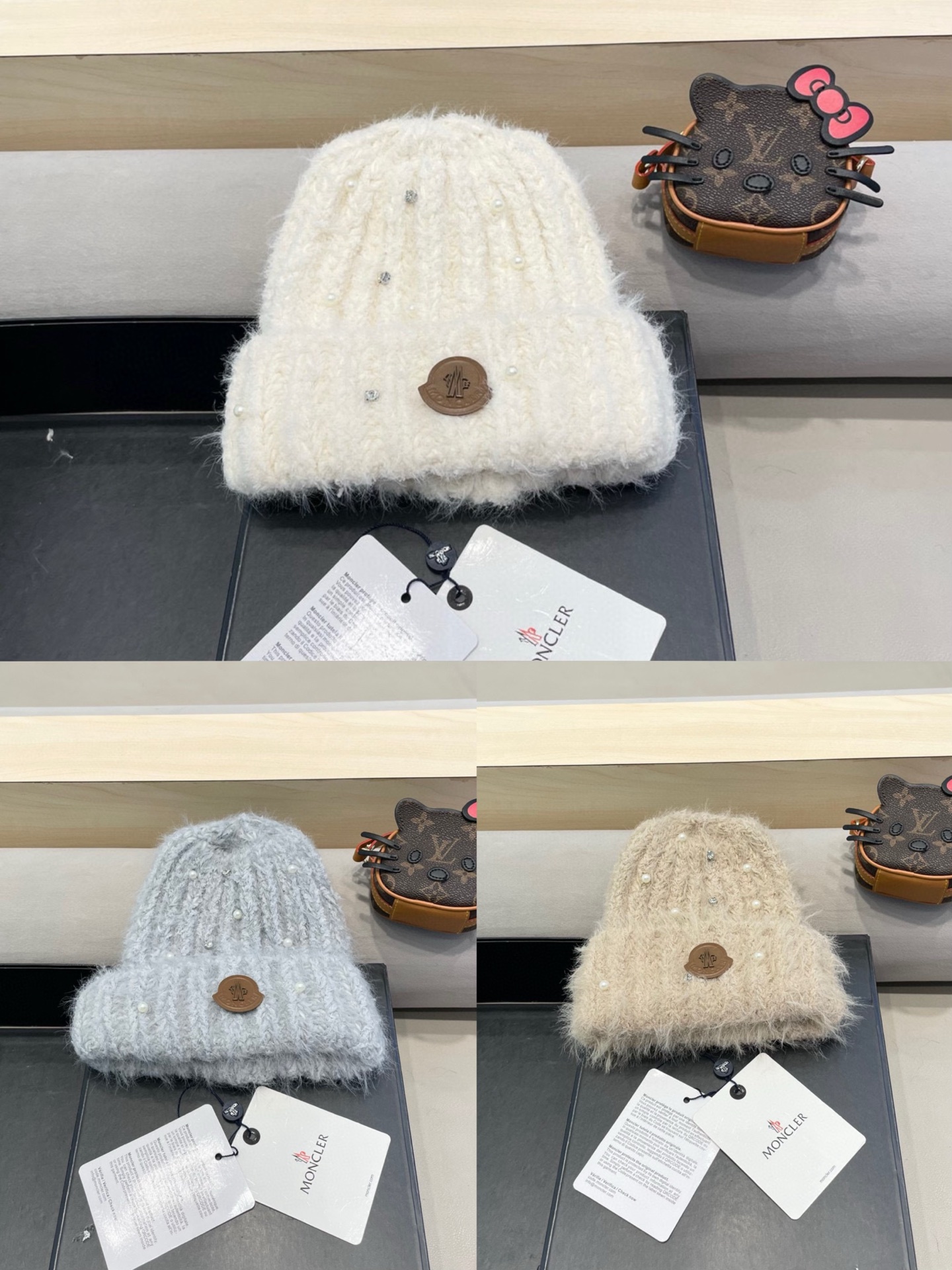 moncler冬季甜美百搭针织帽大头围毛线帽保暖针织帽珍珠装饰护耳帽套头帽