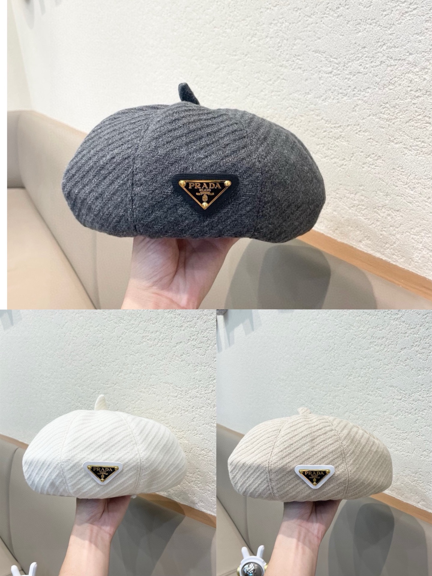 Prada普拉达帽子女复古时尚黑色贝雷帽春秋潮流纯色画家帽日系百搭南瓜帽女冬