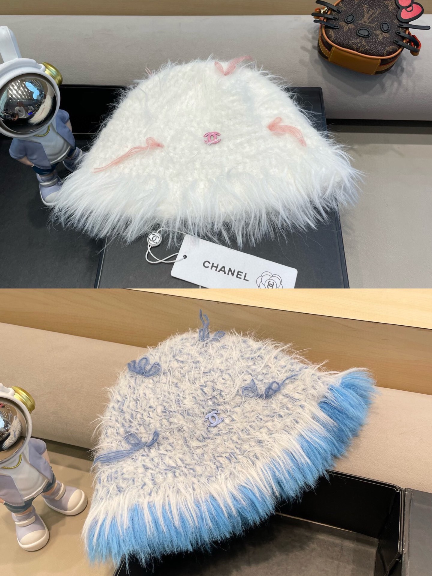chanel复古仿貂毛冬季渔夫帽2024设计感蝴蝶结白色毛线帽显脸小毛毛盆帽
