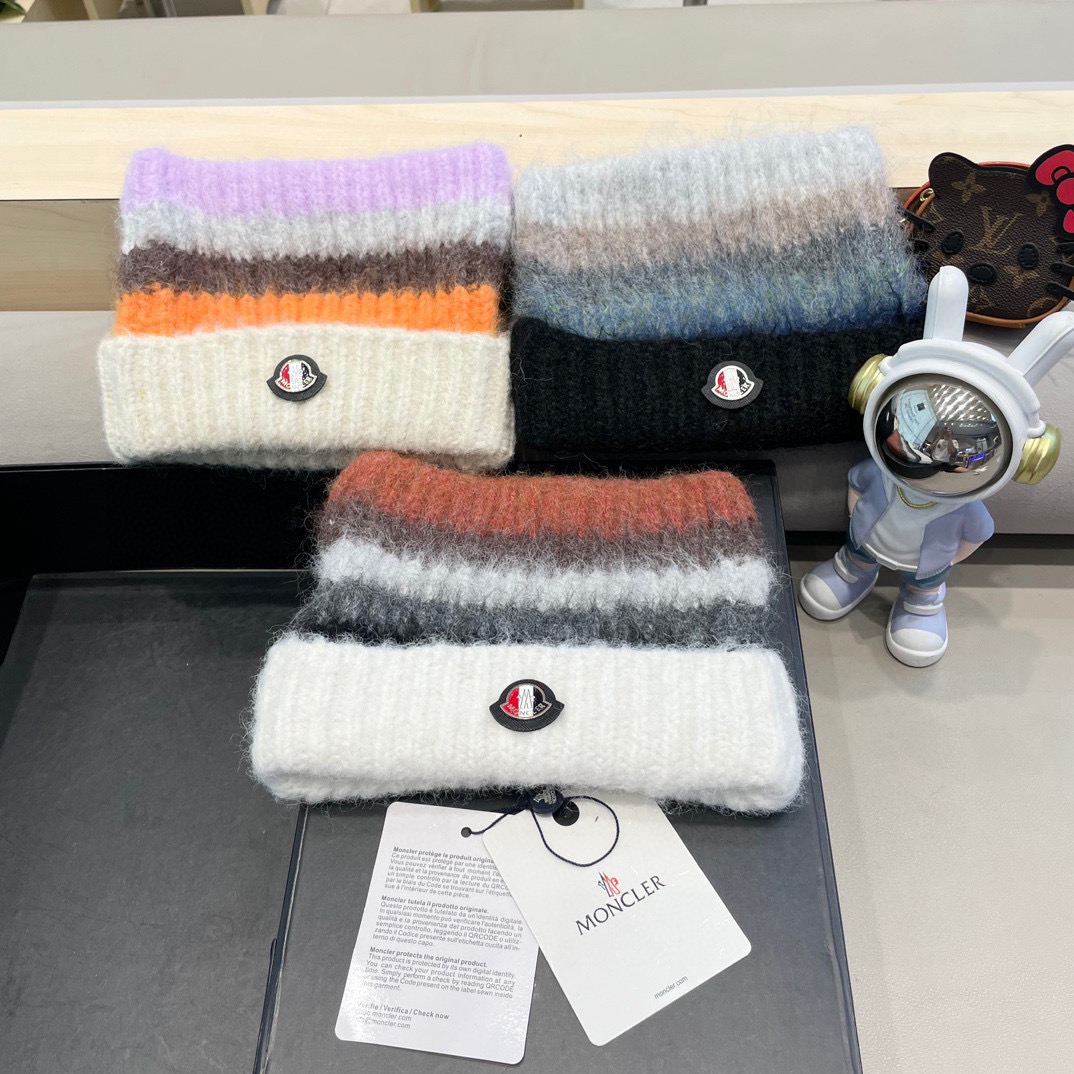 monvler拼色条纹百搭毛绒针织帽子女秋冬保暖显脸小包头帽网红休闲毛线帽
