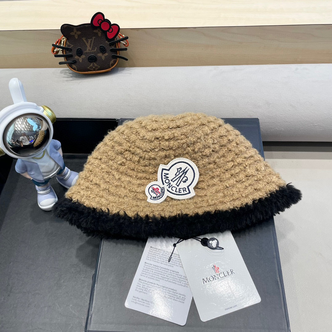 moncler毛绒水桶帽子女秋天2024新款显脸小针织盆帽小香风冬季保暖渔夫帽