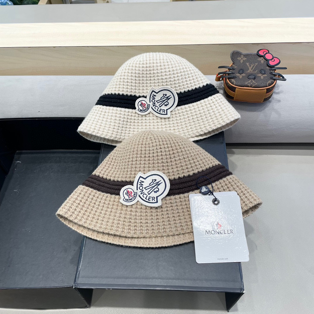 moncler秋冬渔夫帽织帽暖显脸小盆帽韩版拼色百搭帽子女针女保时尚毛线帽