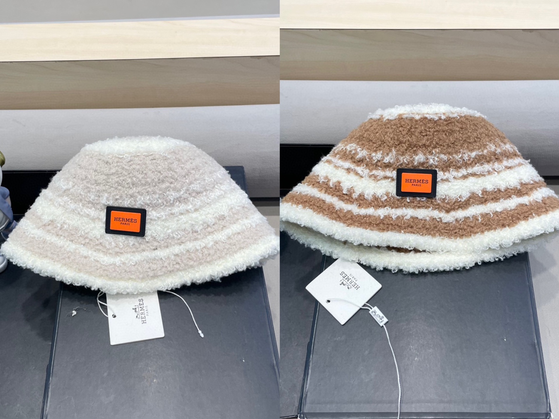 爱马仕Hermes24秋冬新款韩国进口针织条纹设计渔夫帽女文艺柔软毛绒保暖盆帽潮