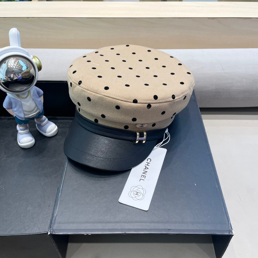 Chanel韩版波点帽子女2024春秋新款英伦复古八角贝雷帽显脸小平顶鸭舌帽