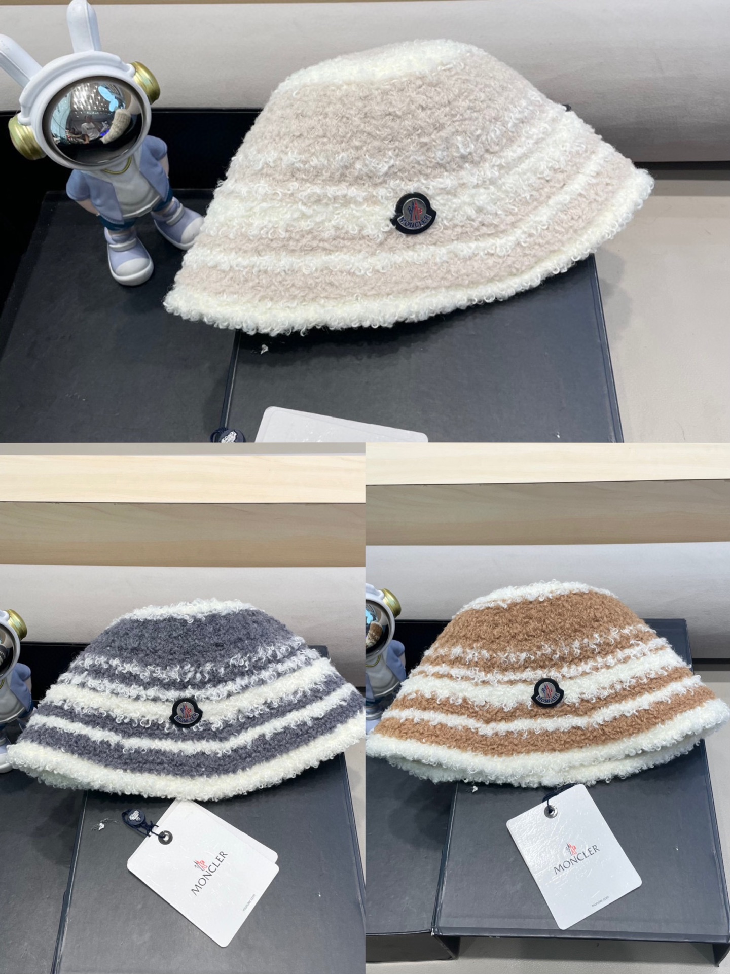 moncler周给给拼色羊羔绒水桶帽子女秋冬针织保暖气质小众显脸小渔夫帽