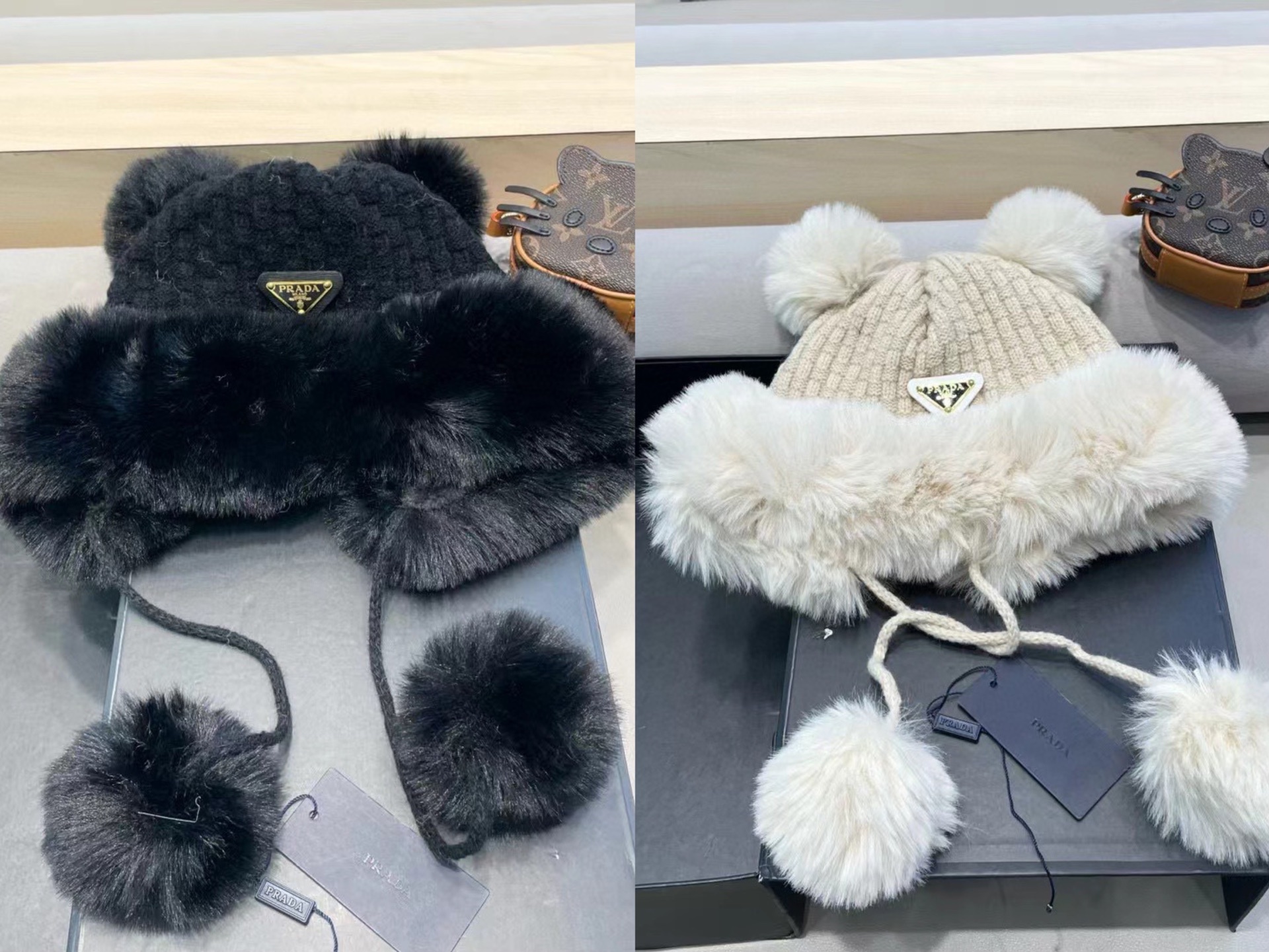 普拉达Prada加厚针织毛线帽子女士冬季可爱毛球套头帽保暖加绒护耳防寒雷锋帽