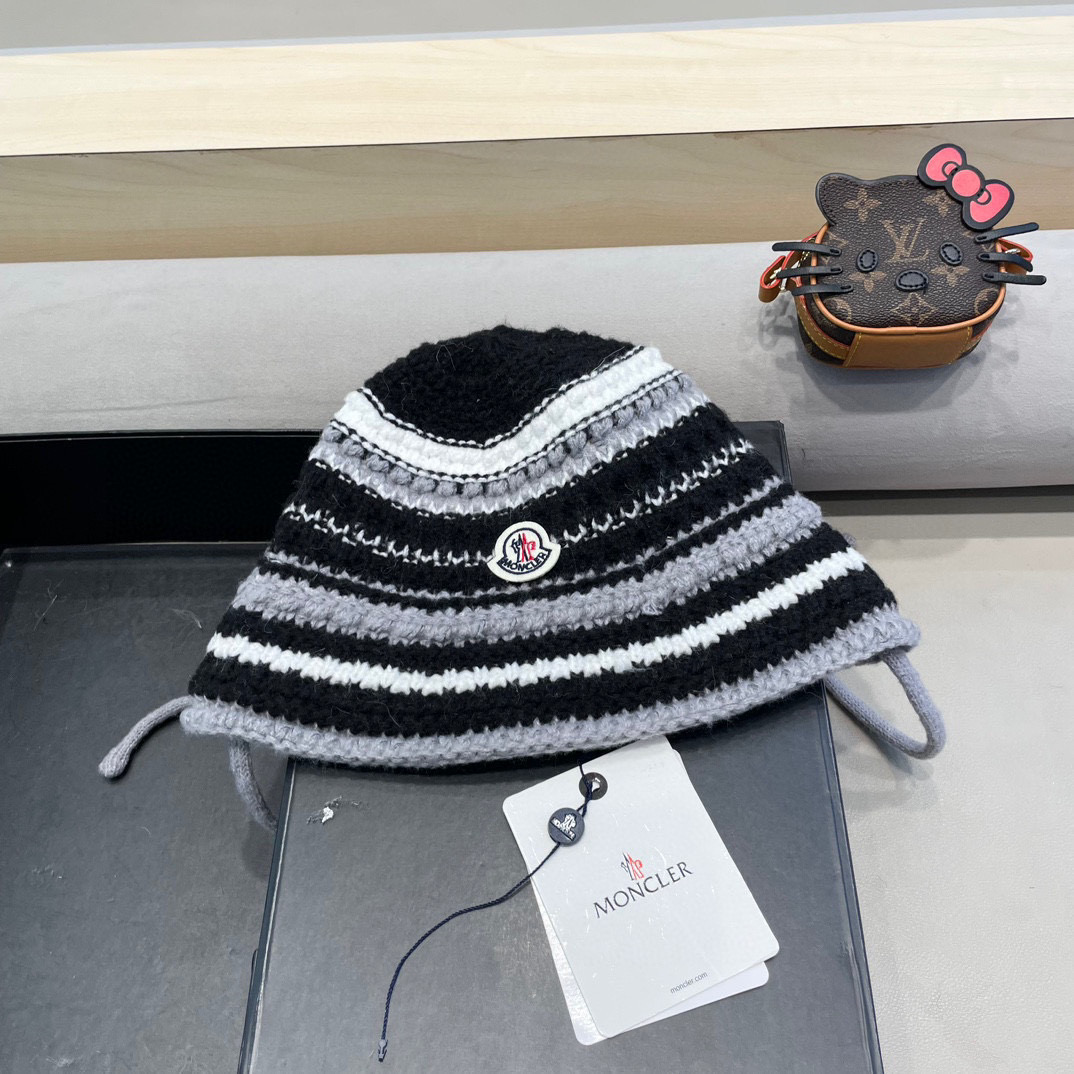 moncler蒙口条纹盆帽潮带子粗针织毛线帽卡其色显脸小美拉德风针织帽子男