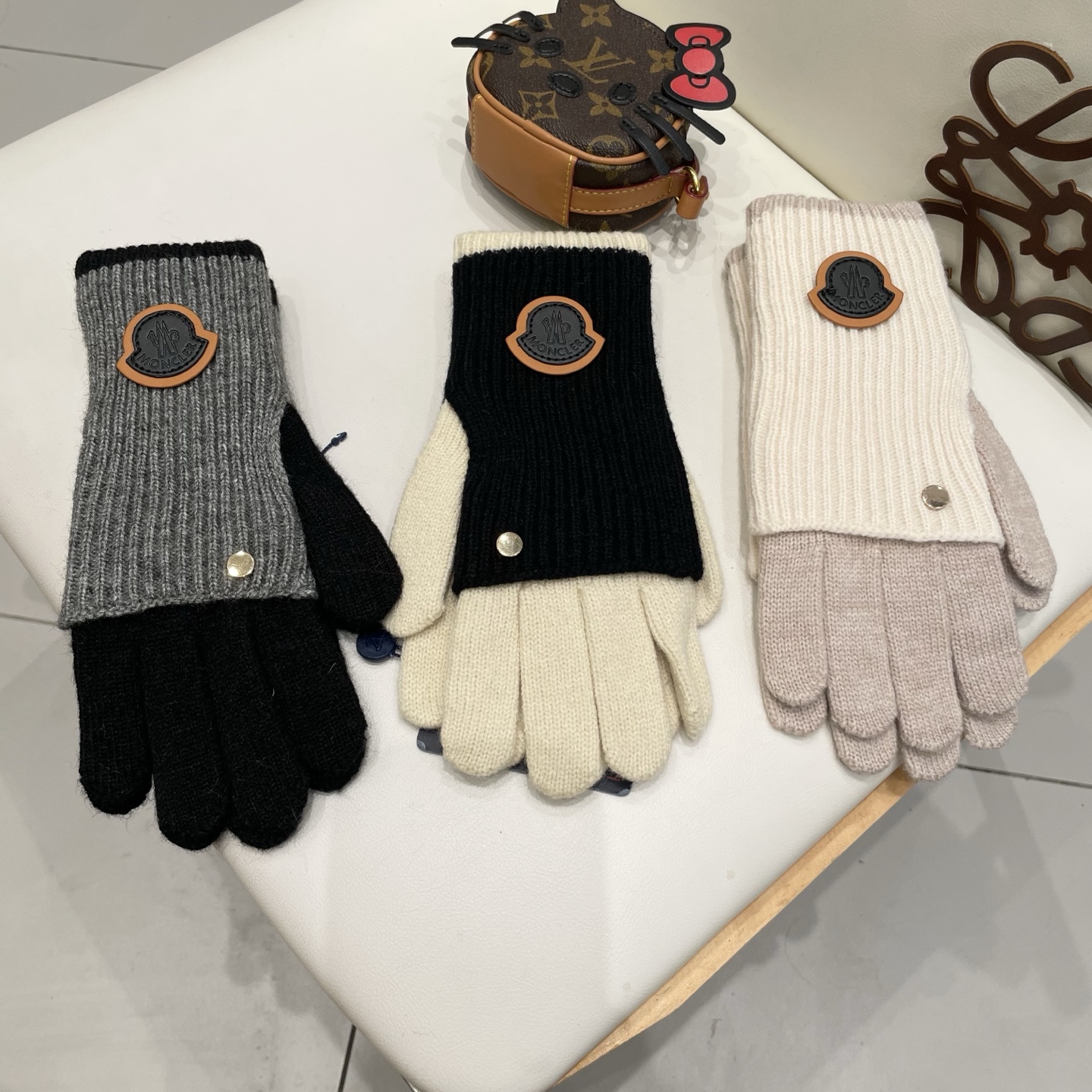 蒙口moncler针织羊毛保暖毛线手套女秋冬两用双层加长护臂时髦针织露二指触屏