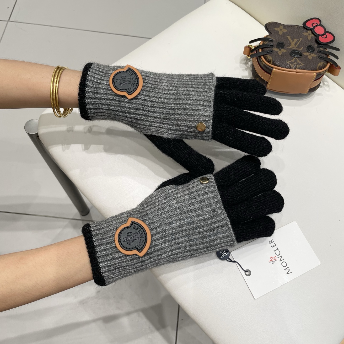 蒙口moncler针织羊毛保暖毛线手套女秋冬两用双层加长护臂时髦针织露二指触屏