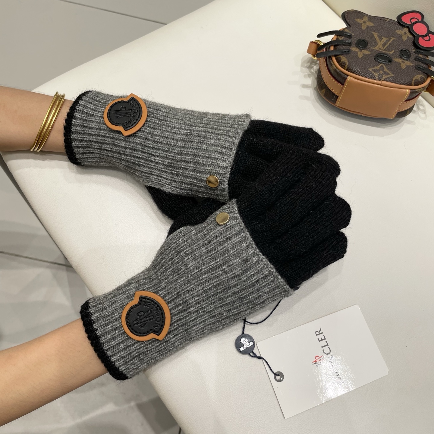 蒙口moncler针织羊毛保暖毛线手套女秋冬两用双层加长护臂时髦针织露二指触屏
