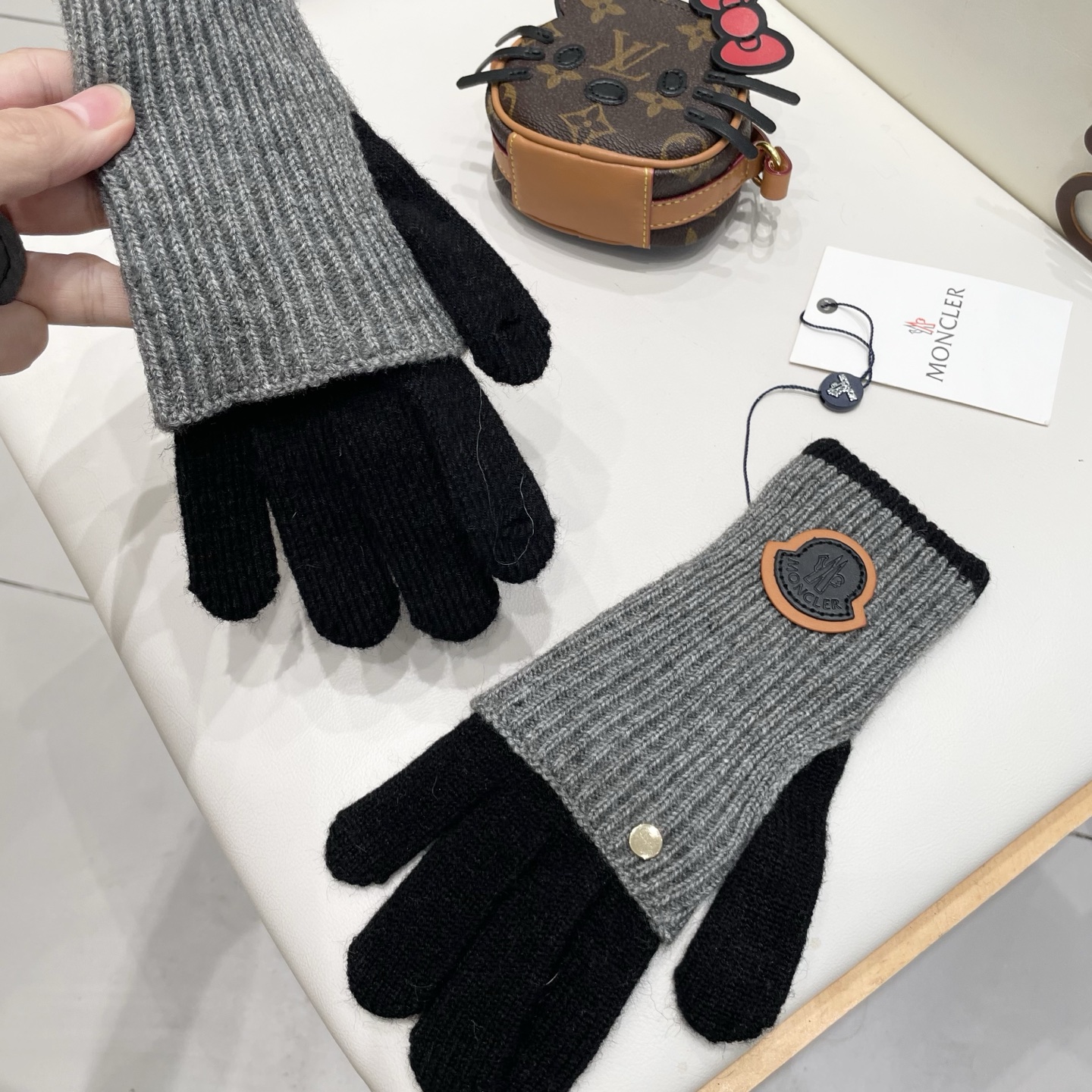 蒙口moncler针织羊毛保暖毛线手套女秋冬两用双层加长护臂时髦针织露二指触屏