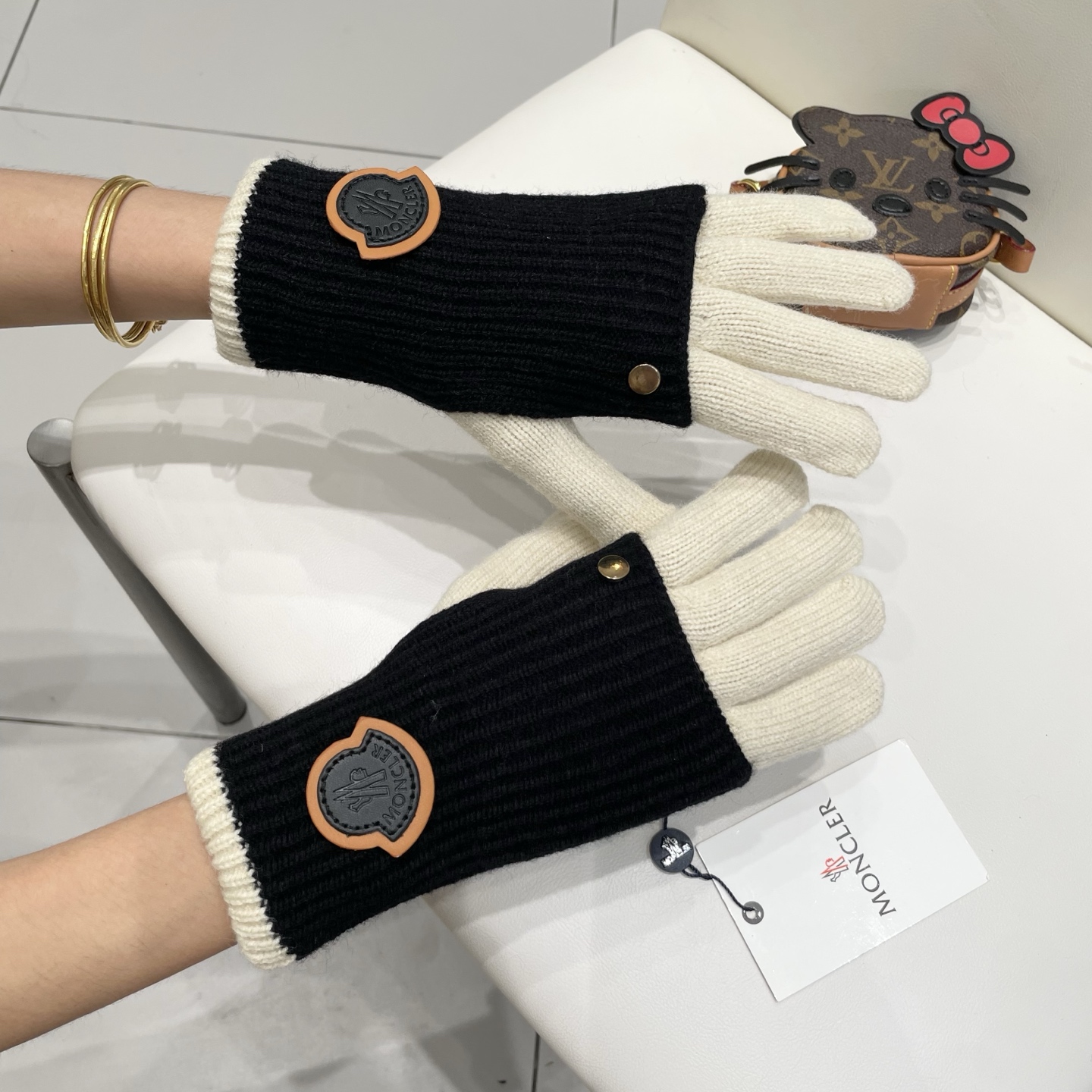 蒙口moncler针织羊毛保暖毛线手套女秋冬两用双层加长护臂时髦针织露二指触屏