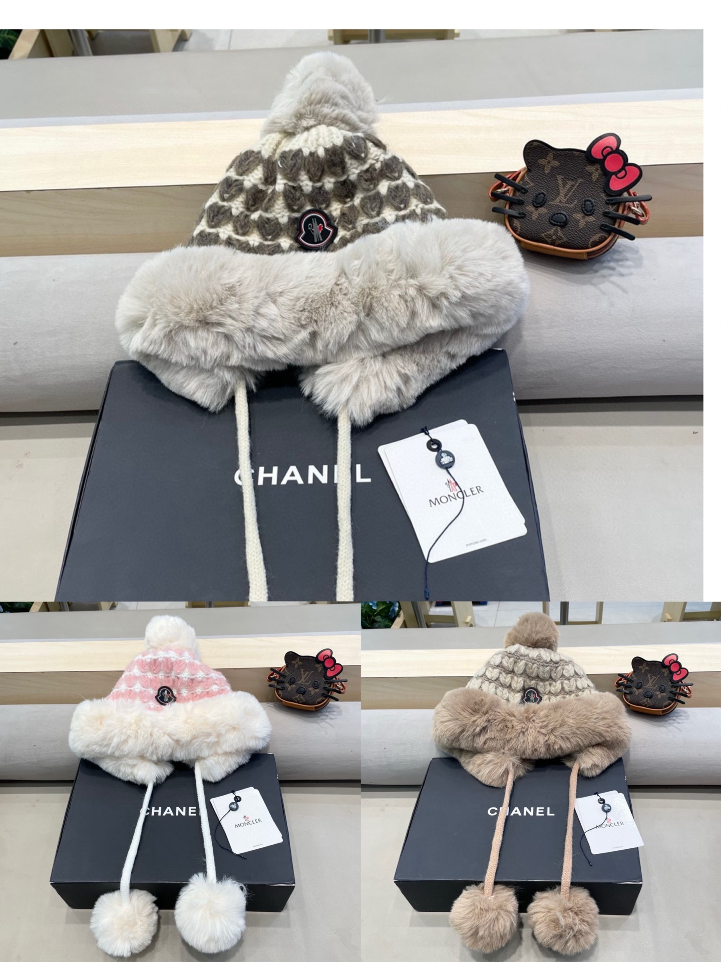 moncler毛绒绒爱心格纹流苏针织帽子女2024秋冬季加厚保暖户外防寒毛线帽