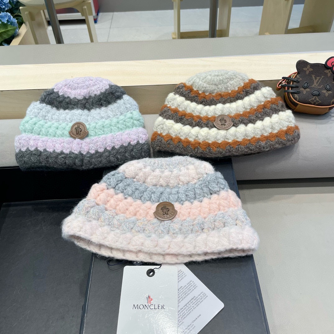 moncler条纹毛线帽子女款2024新款冬季保暖护耳洋气针织帽大头围百搭时尚