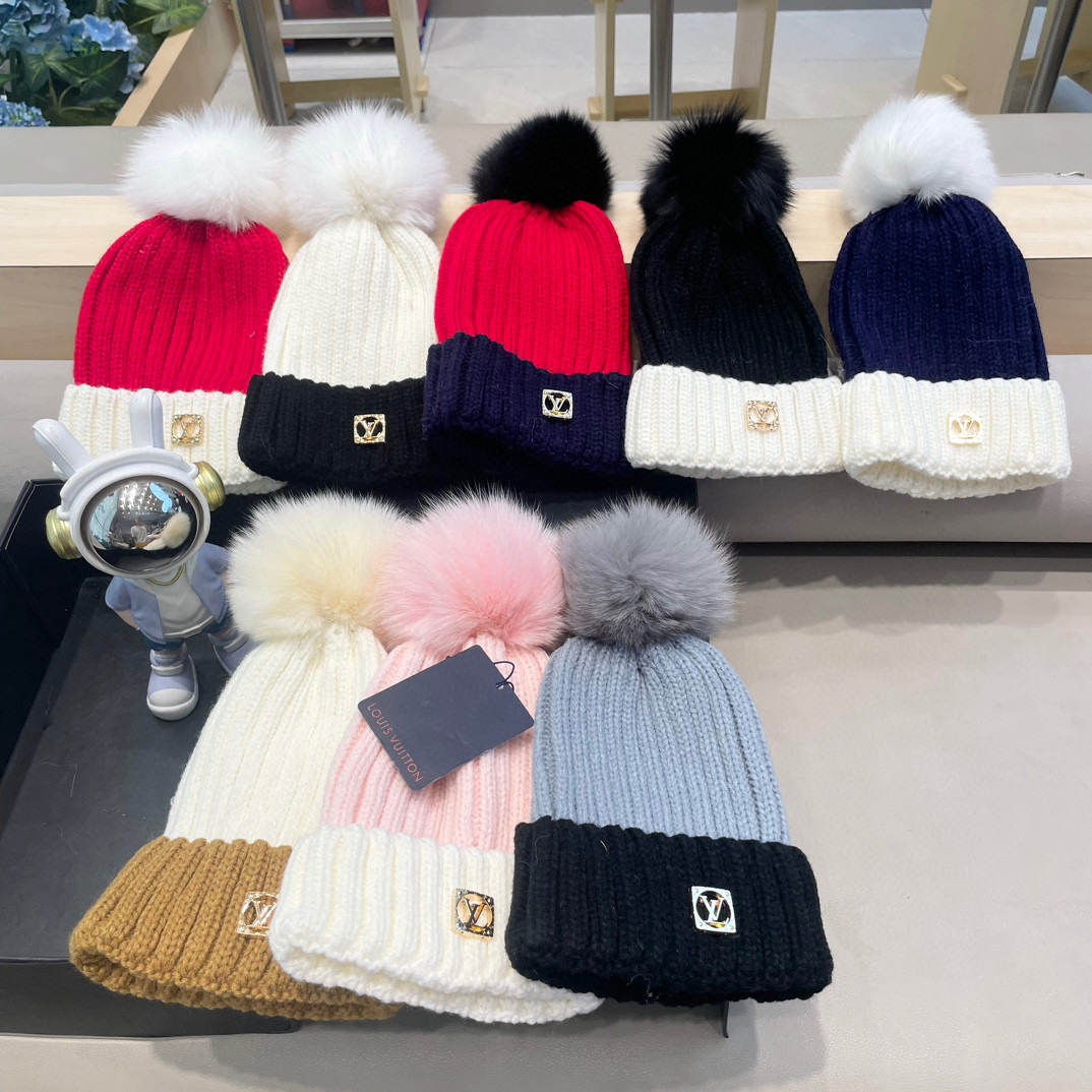lv路易威登韩版ins秋冬季真狐狸毛球毛线帽子女百搭时尚亲子针织帽潮
