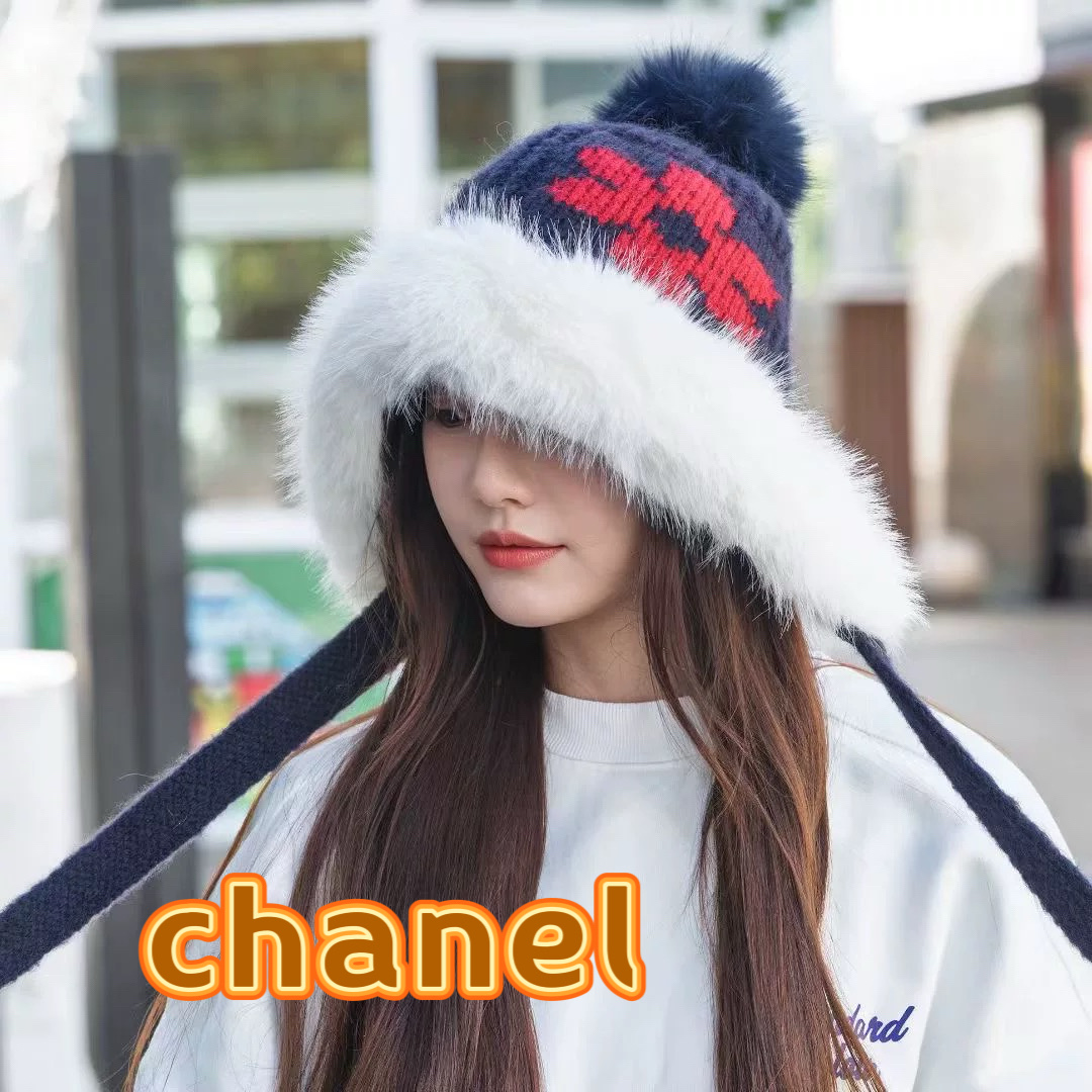 chanel香奈儿2025新款韩版花朵刺绣针织护耳帽女秋冬季加厚保暖毛线套头帽潮