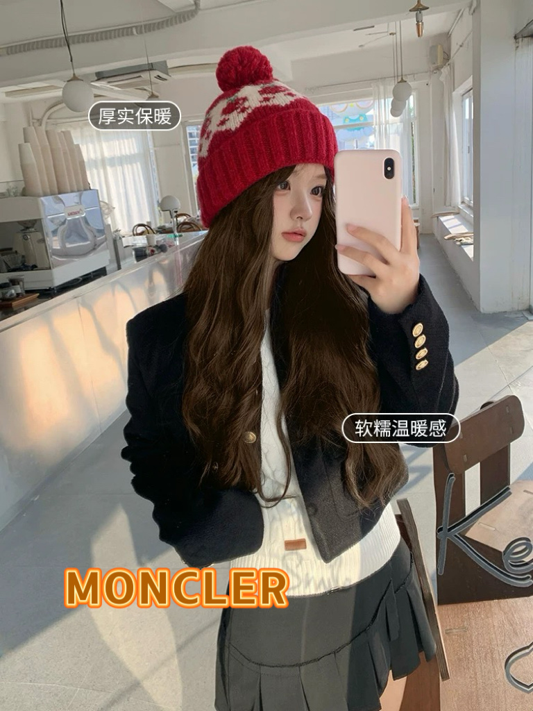 蒙口moncler2025新款费尔岛风可爱樱桃毛球针织帽子女秋冬保暖护耳百搭毛线帽