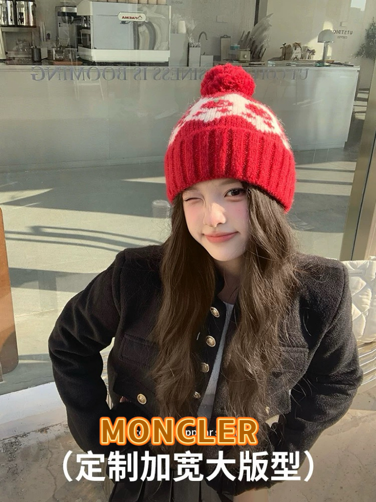 蒙口moncler2025新款费尔岛风可爱樱桃毛球针织帽子女秋冬保暖护耳百搭毛线帽
