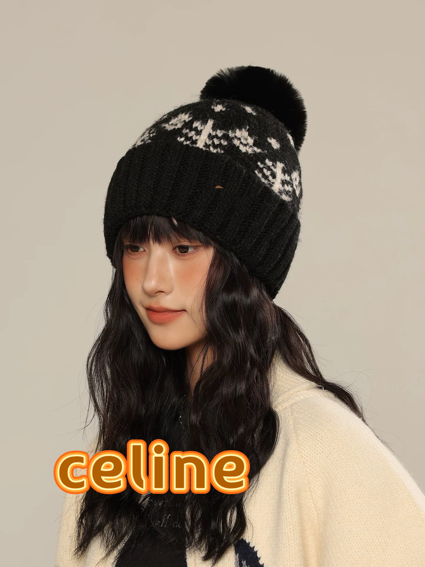 塞琳celine提花毛线帽子女秋冬新款费尔岛防寒护耳保暖大头围毛球针织帽