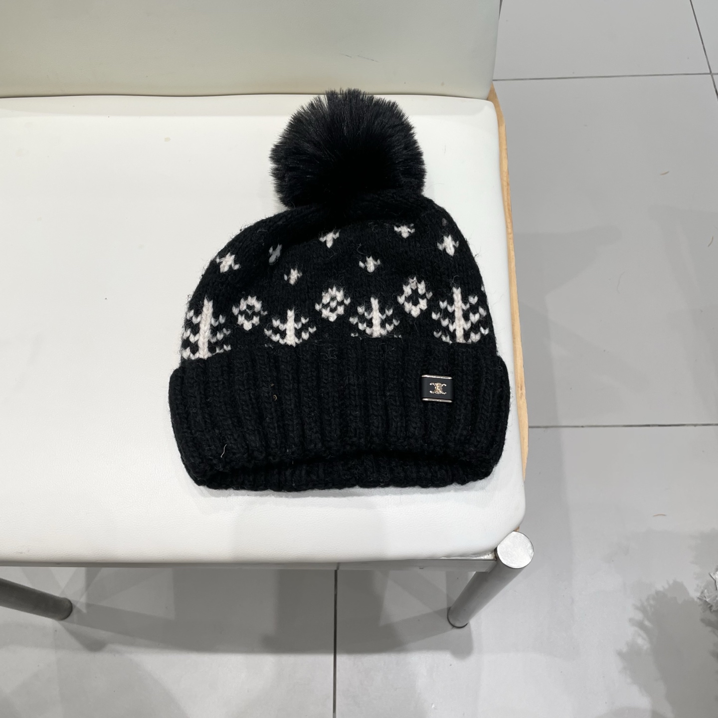 塞琳celine提花毛线帽子女秋冬新款费尔岛防寒护耳保暖大头围毛球针织帽