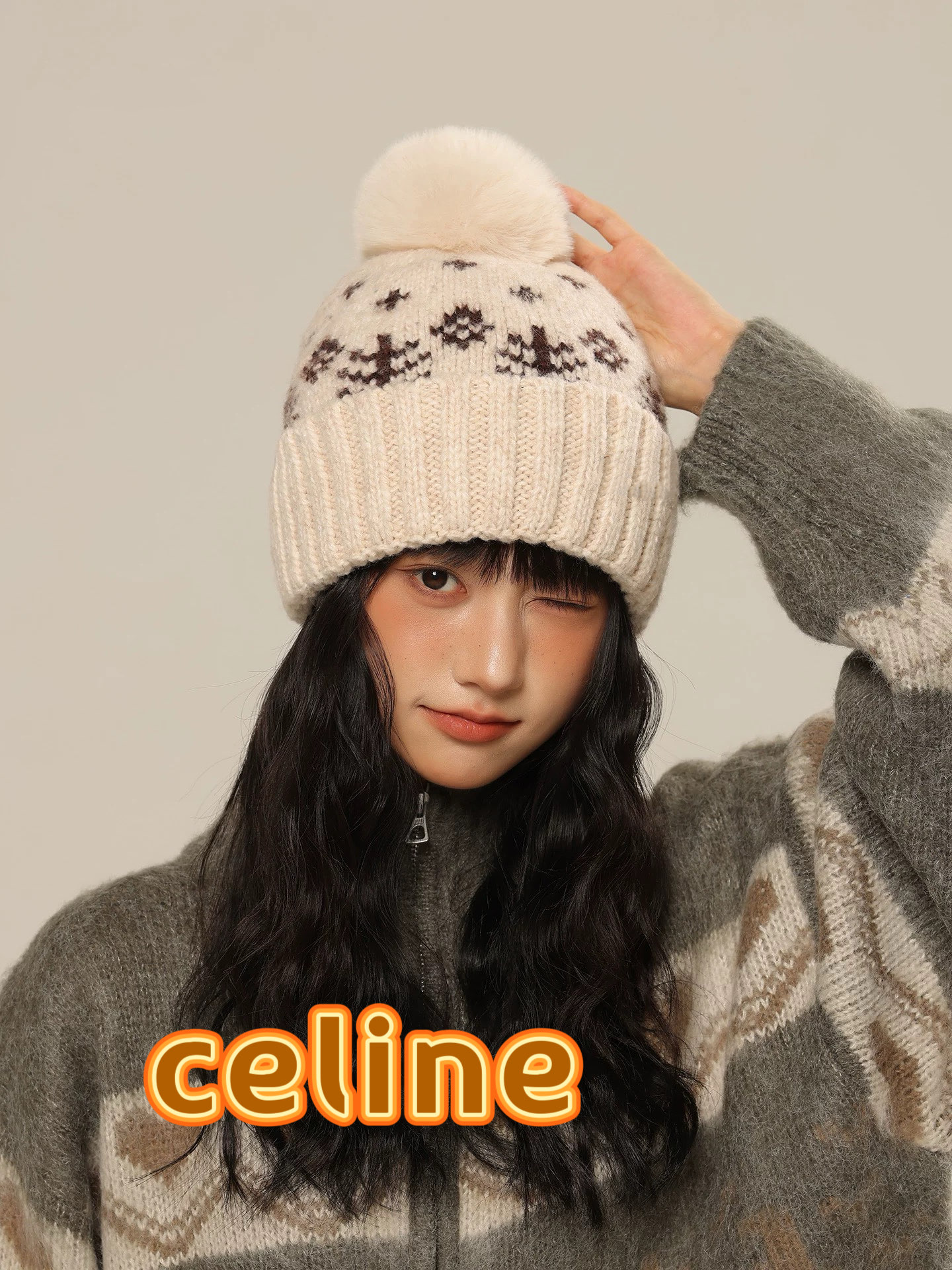塞琳celine提花毛线帽子女秋冬新款费尔岛防寒护耳保暖大头围毛球针织帽