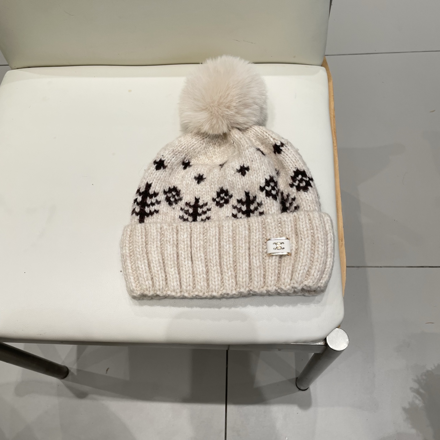 塞琳celine提花毛线帽子女秋冬新款费尔岛防寒护耳保暖大头围毛球针织帽