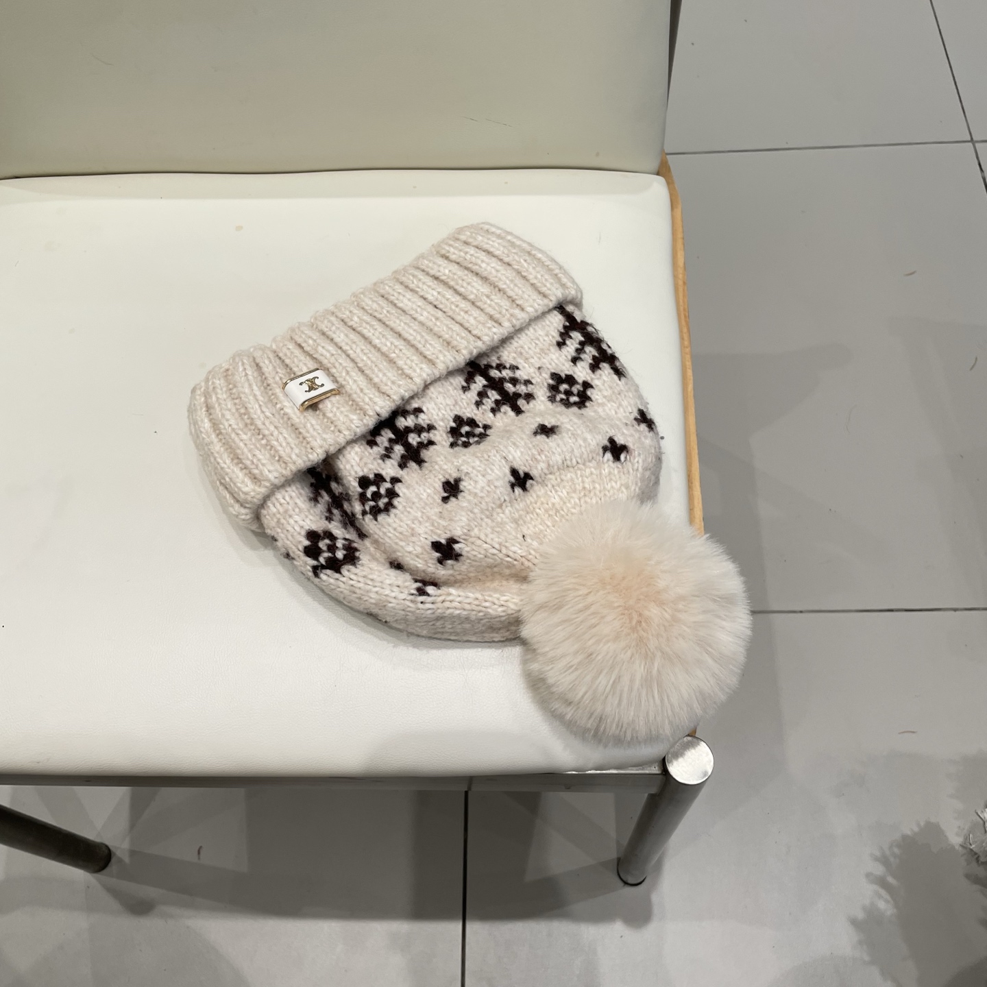 塞琳celine提花毛线帽子女秋冬新款费尔岛防寒护耳保暖大头围毛球针织帽