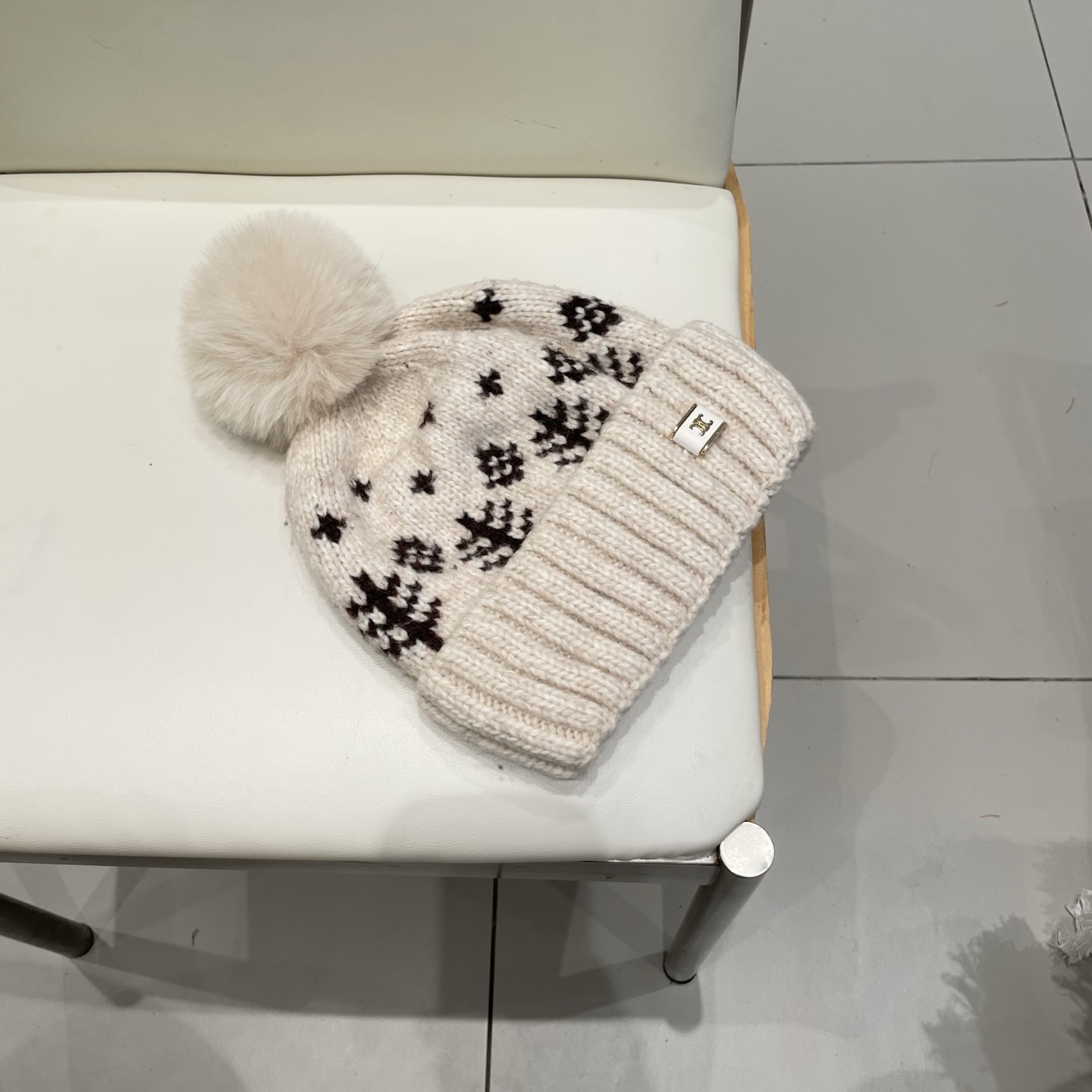 塞琳celine提花毛线帽子女秋冬新款费尔岛防寒护耳保暖大头围毛球针织帽