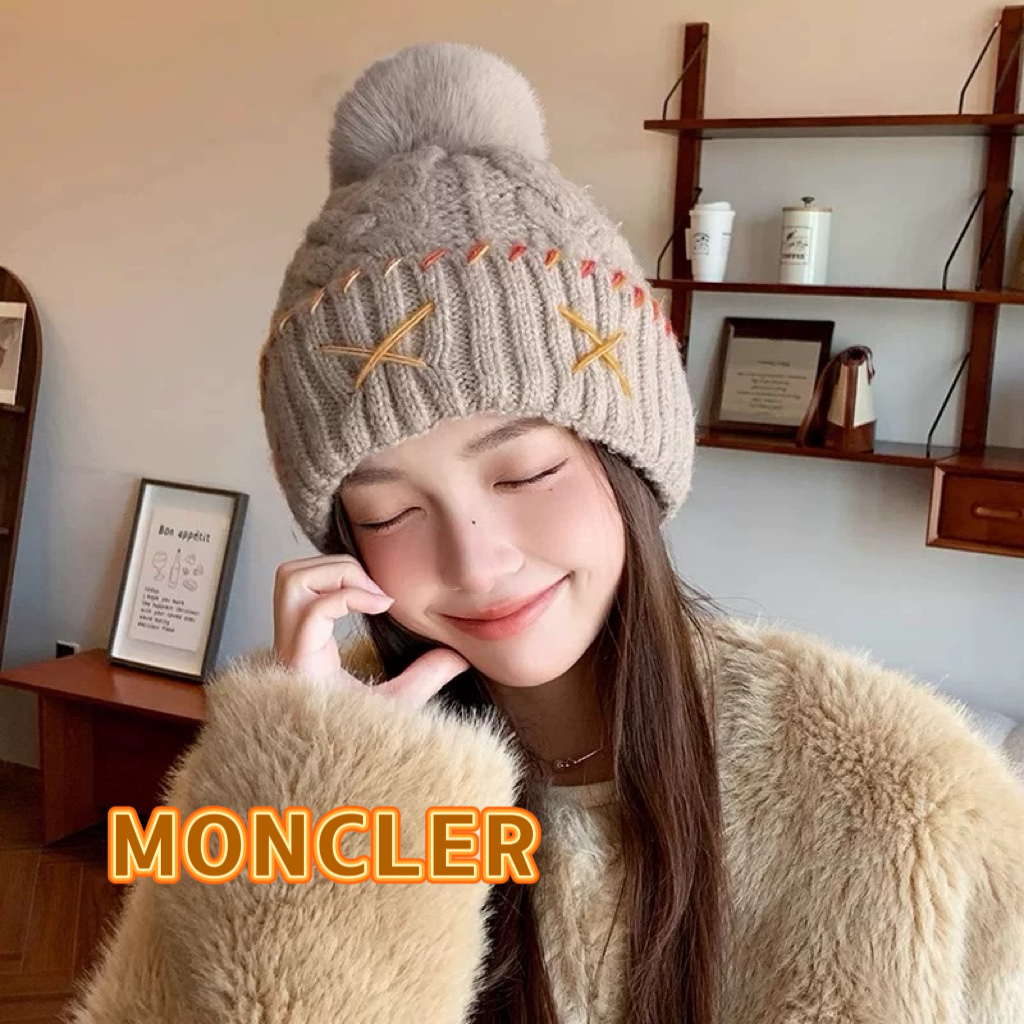 MONCLER毛球针织帽女韩版2025新款秋冬季时尚百搭显脸小加厚保暖毛线帽子