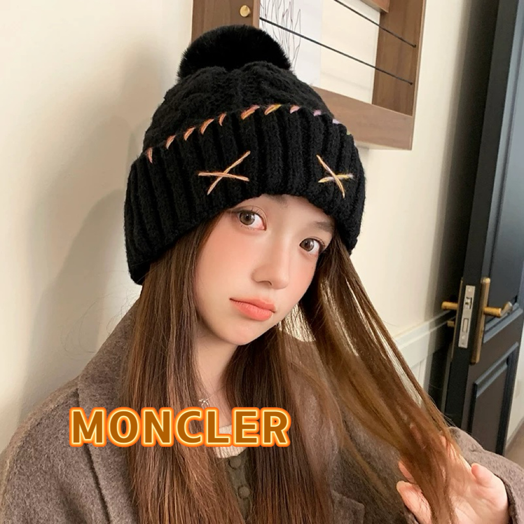 MONCLER毛球针织帽女韩版2025新款秋冬季时尚百搭显脸小加厚保暖毛线帽子