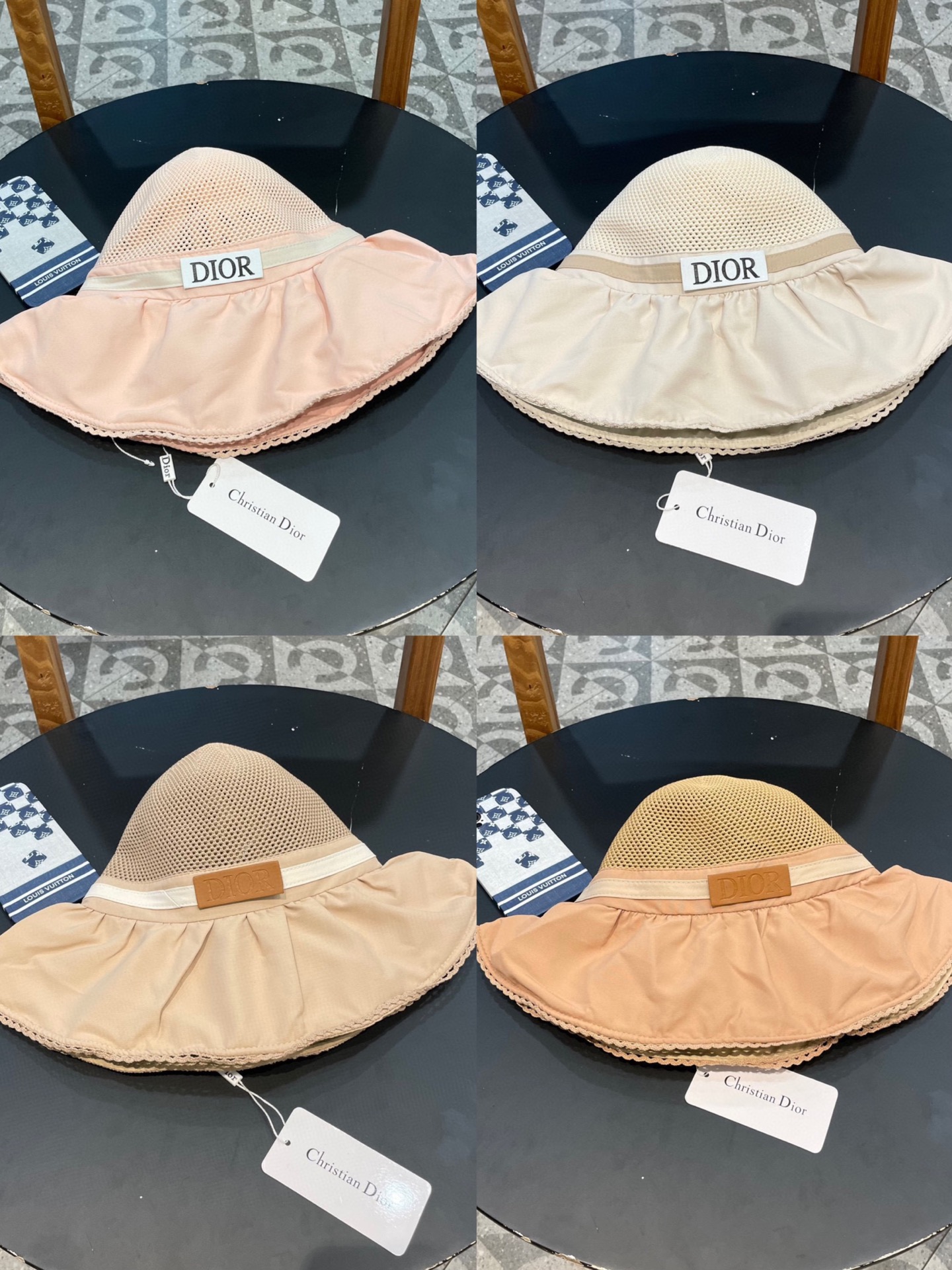 迪奥Dior夏季黑胶蝴蝶结遮阳帽女镂空草帽防紫外线大檐遮脸防晒太阳渔夫帽