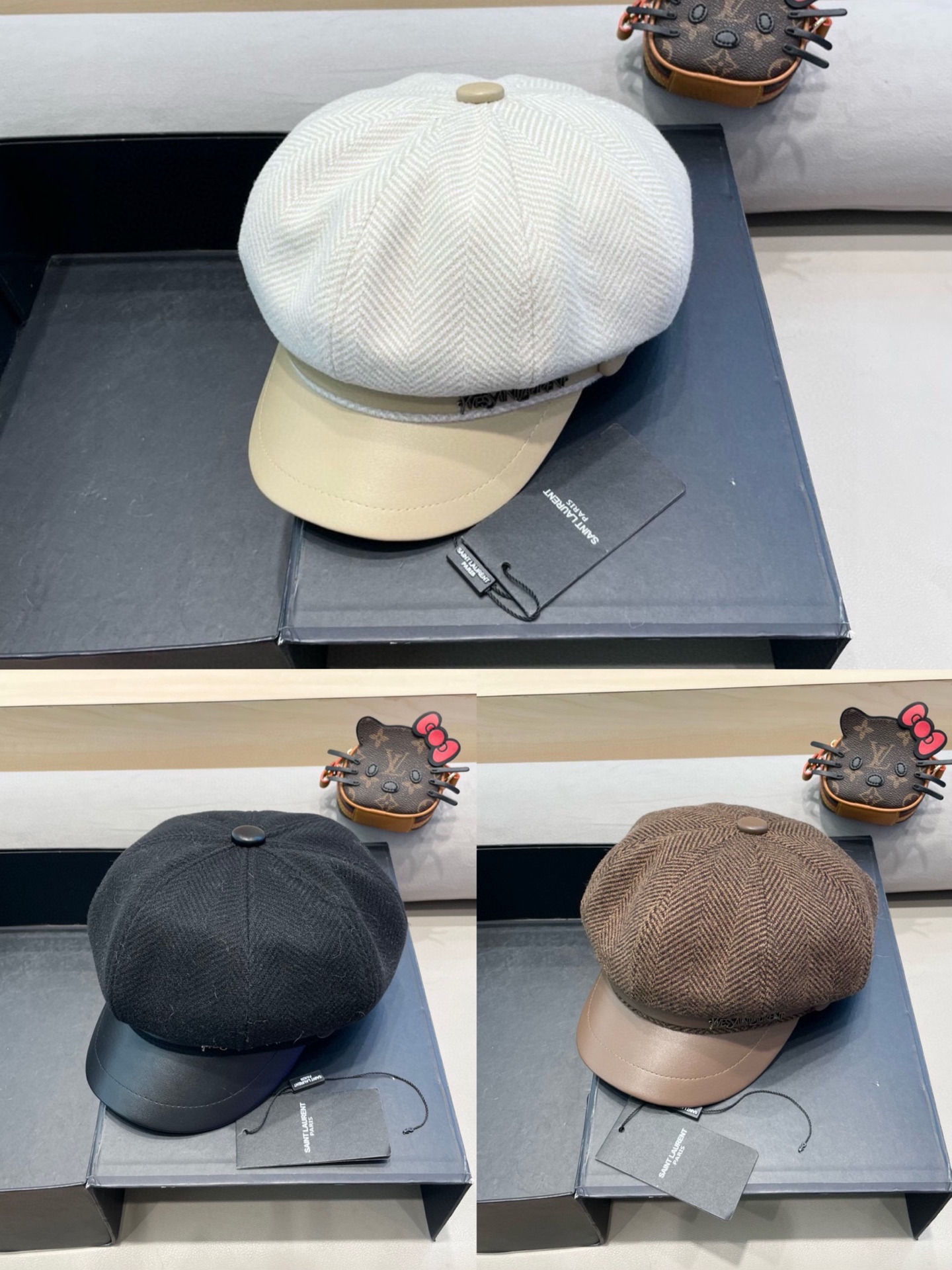 圣罗兰PU皮檐画家帽名媛风立体帽型八角帽日系复古贝雷帽毛呢报童帽秋冬