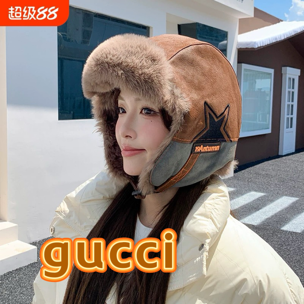 Gucci古奇雷锋帽子女款冬季飞行帽加绒加厚保暖护耳棉帽户外滑雪防寒骑行帽