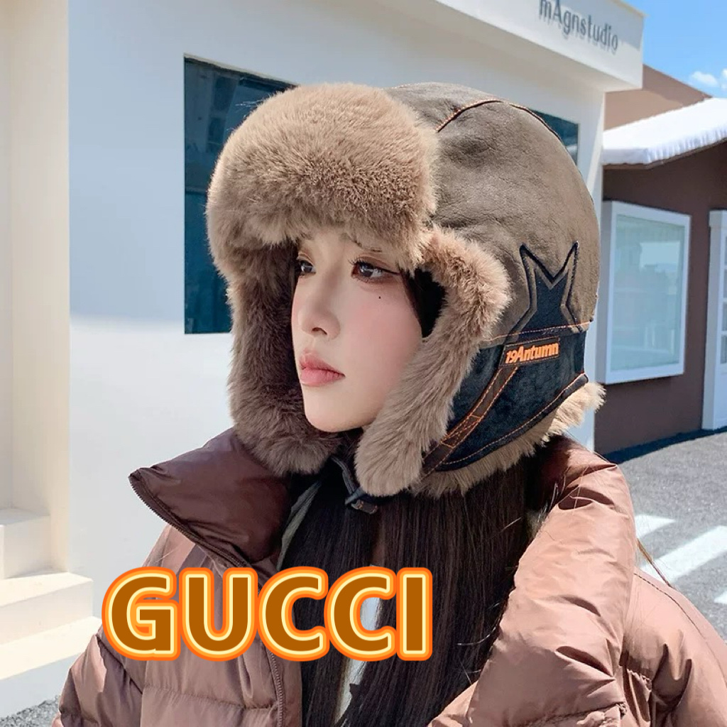 Gucci古奇雷锋帽子女款冬季飞行帽加绒加厚保暖护耳棉帽户外滑雪防寒骑行帽