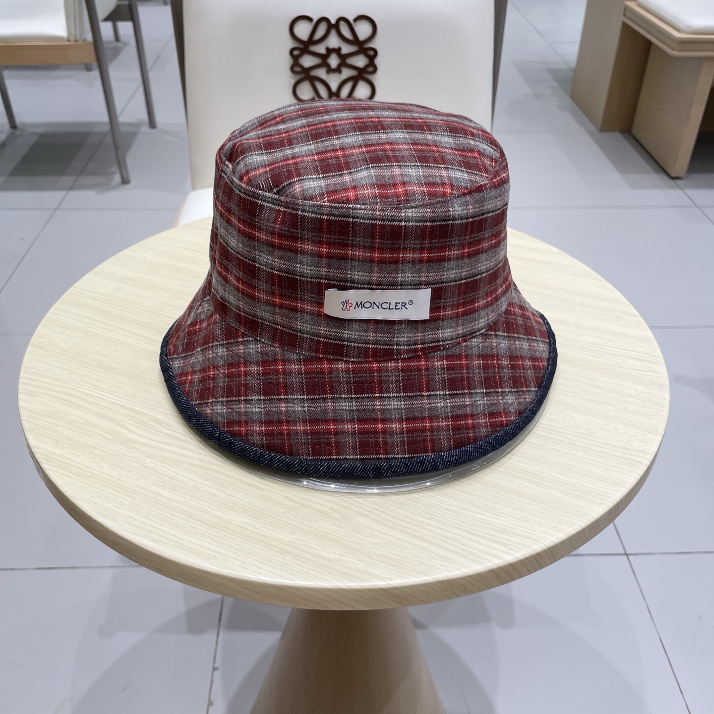 moncler双面可戴格纹牛仔渔夫帽女夏季日系复古显脸小盆帽大头围遮阳帽子