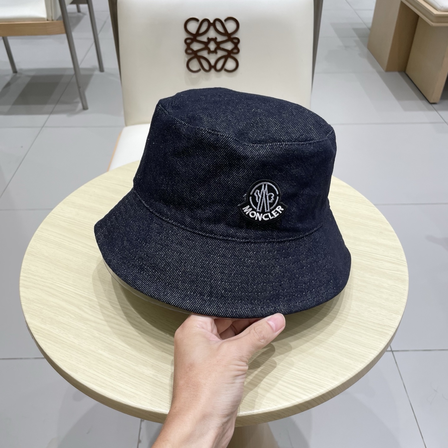 moncler双面可戴格纹牛仔渔夫帽女夏季日系复古显脸小盆帽大头围遮阳帽子