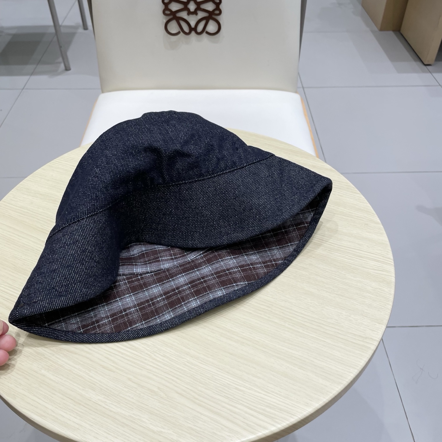 moncler双面可戴格纹牛仔渔夫帽女夏季日系复古显脸小盆帽大头围遮阳帽子