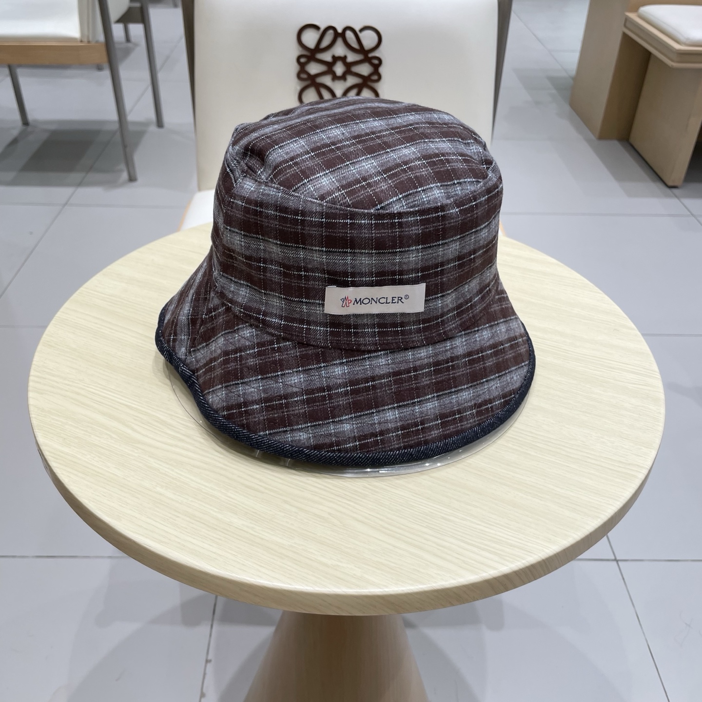 moncler双面可戴格纹牛仔渔夫帽女夏季日系复古显脸小盆帽大头围遮阳帽子