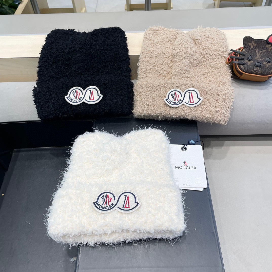 moncler蒙口可爱小熊耳朵毛绒帽子女秋冬季保暖护耳加绒加厚针织毛线套头冷帽