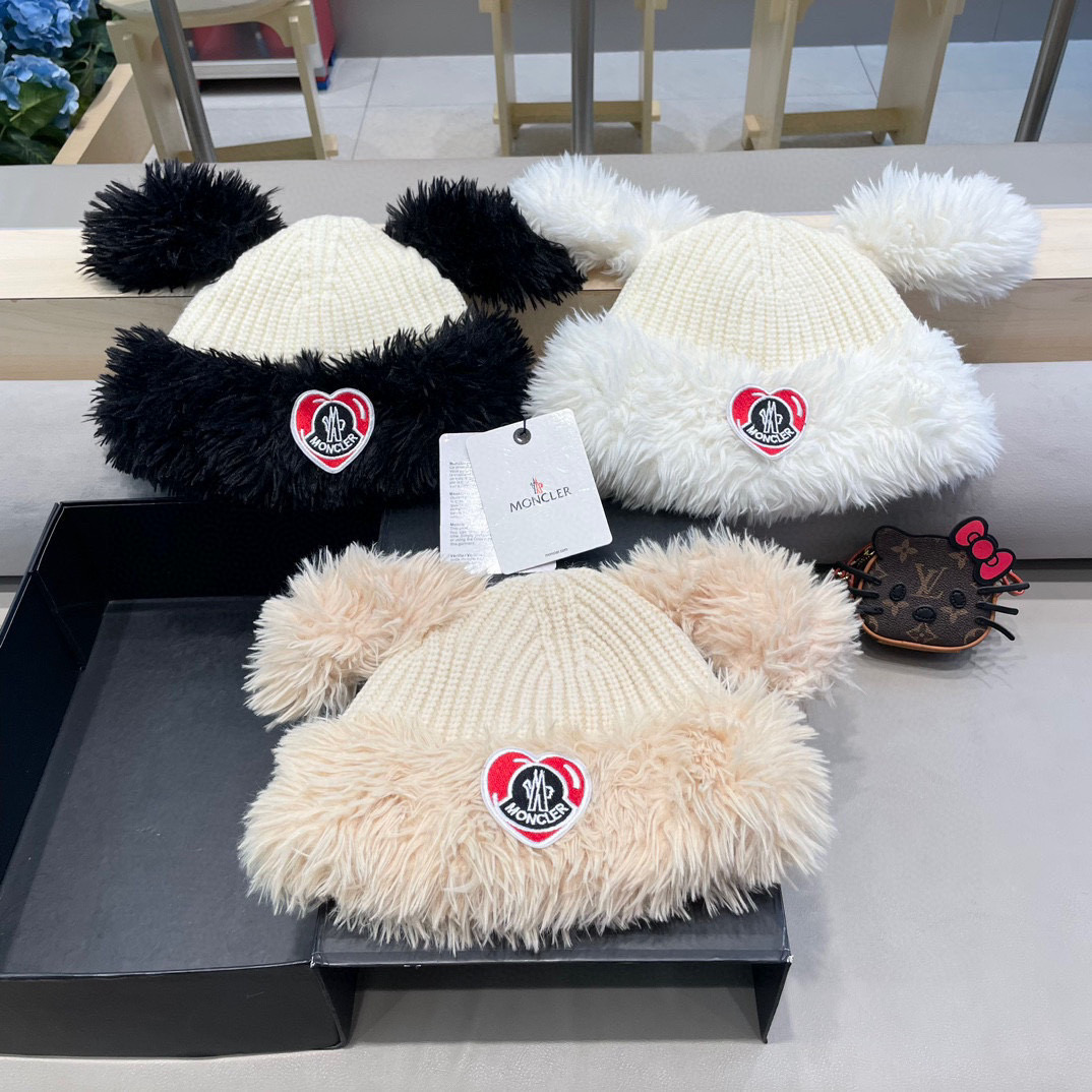 蒙口moncler可爱小狗耳朵毛绒针织毛线帽子女冬季加绒加厚保暖百搭护耳套头帽