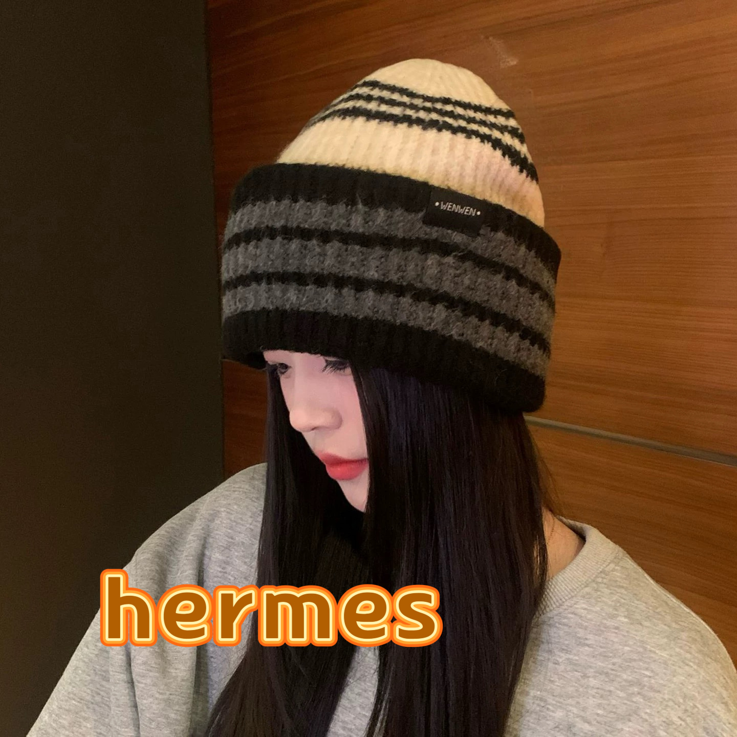P115爱马仕HERMES2025新款慵懒风条纹针织帽子女秋冬保暖护耳毛线帽显脸小百搭冷帽