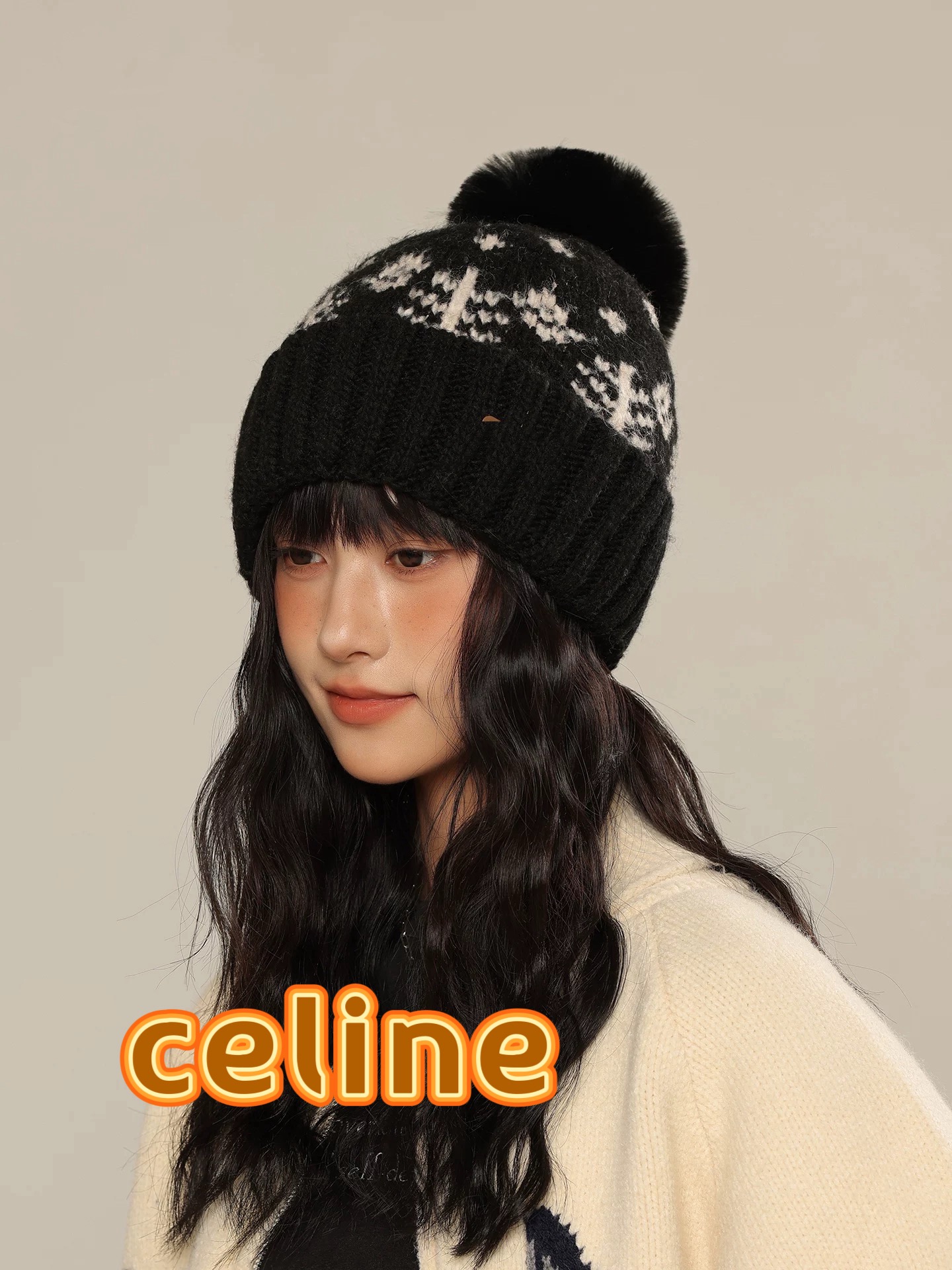 P110 塞琳celine提花毛线帽子女秋冬新款费尔岛防寒护耳保暖大头围毛球针织帽