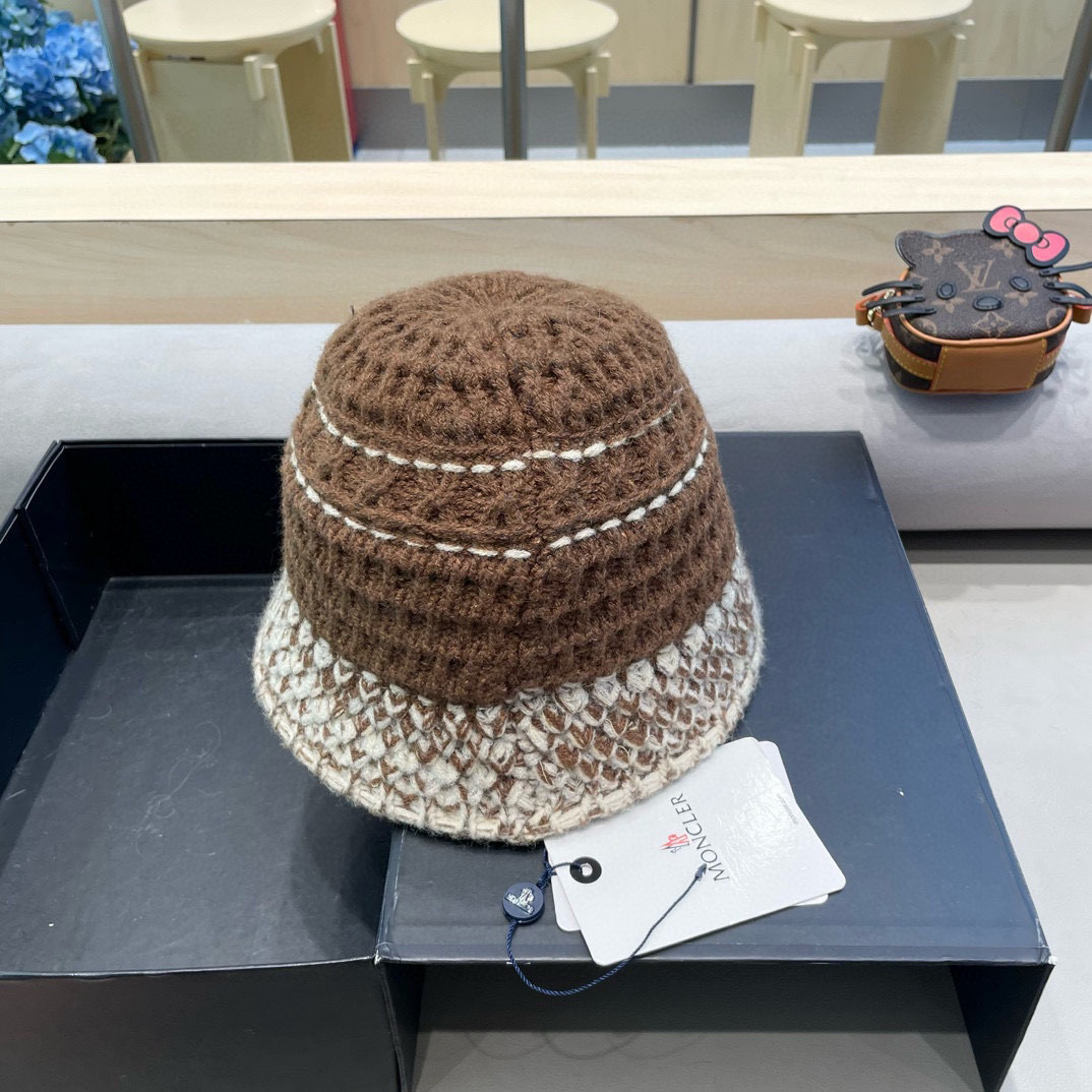 moncler韩版毛线帽子针织拼色女秋冬新款时尚遮脸水桶帽日系百搭休闲盆帽