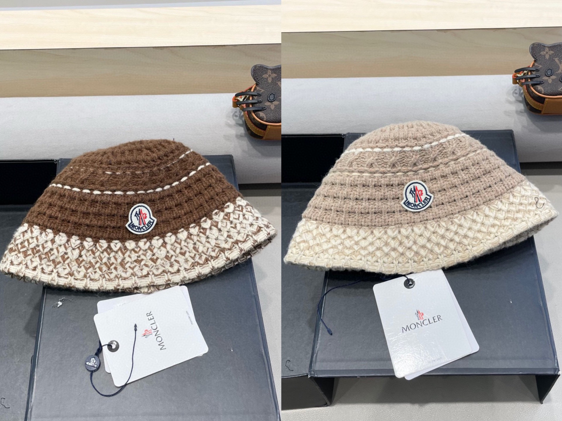 moncler韩版毛线帽子针织拼色女秋冬新款时尚遮脸水桶帽日系百搭休闲盆帽