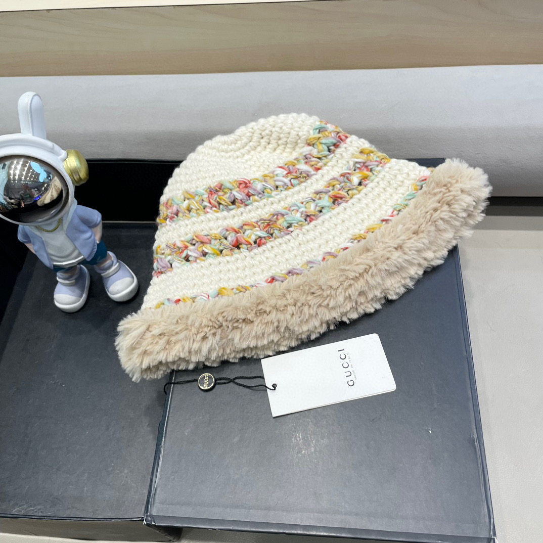 GUCC I古奇彩色针织毛线帽子冬天女款大头围加厚保暖毛绒帽子百搭显脸小盆帽