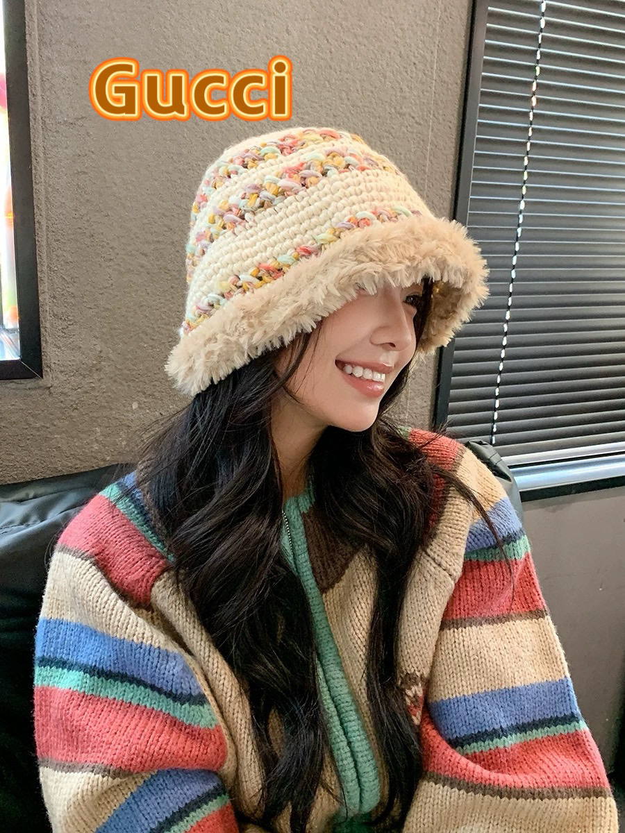 GUCC I古奇彩色针织毛线帽子冬天女款大头围加厚保暖毛绒帽子百搭显脸小盆帽